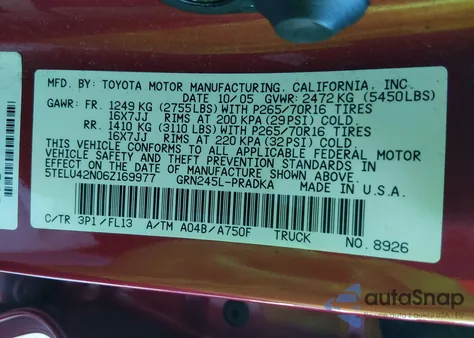 2006 Toyota Tacoma Base V6 z USA, uszkodzony, nr VIN 5TELU42N06Z169977